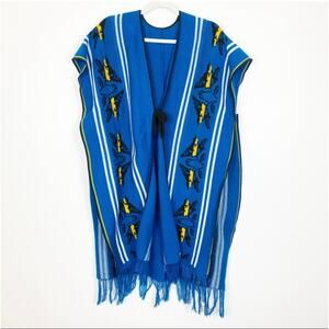 Vintage 70's Bird Poncho Sweater Blue & Yellow Women's Large